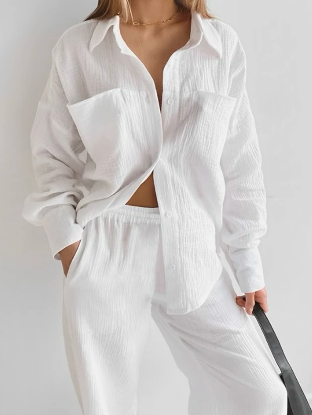 Commense White Textured Button-Up Loungewear Set